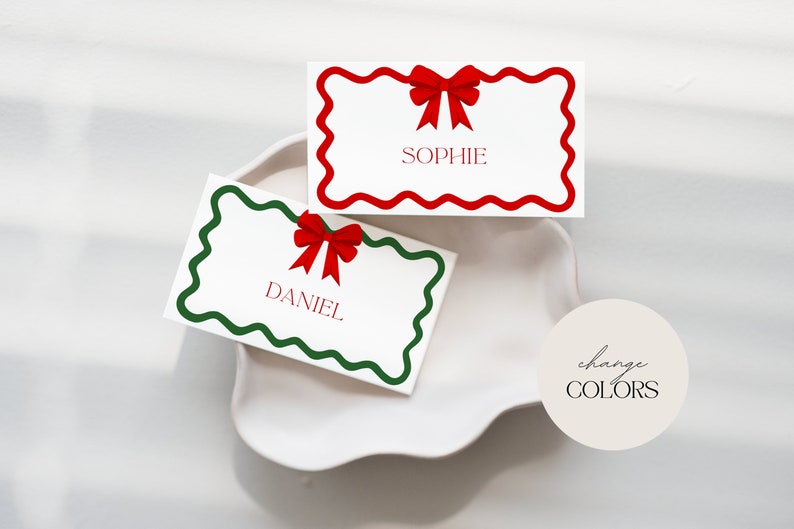 Christmas Menu Place Cards Template, Curvy Waves Menu, Printable Christmas Menu, Editable Template, Table Cards, Name Cards, Bow, CC2 image 4