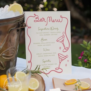 Modelo de menu de bar Squiggle, desenhado à mão, menu de bar para casamento/chá de panela, placa de bebidas, modelo editável, DOWNLOAD INSTANTÂNEO, ondulado e curvilíneo 028