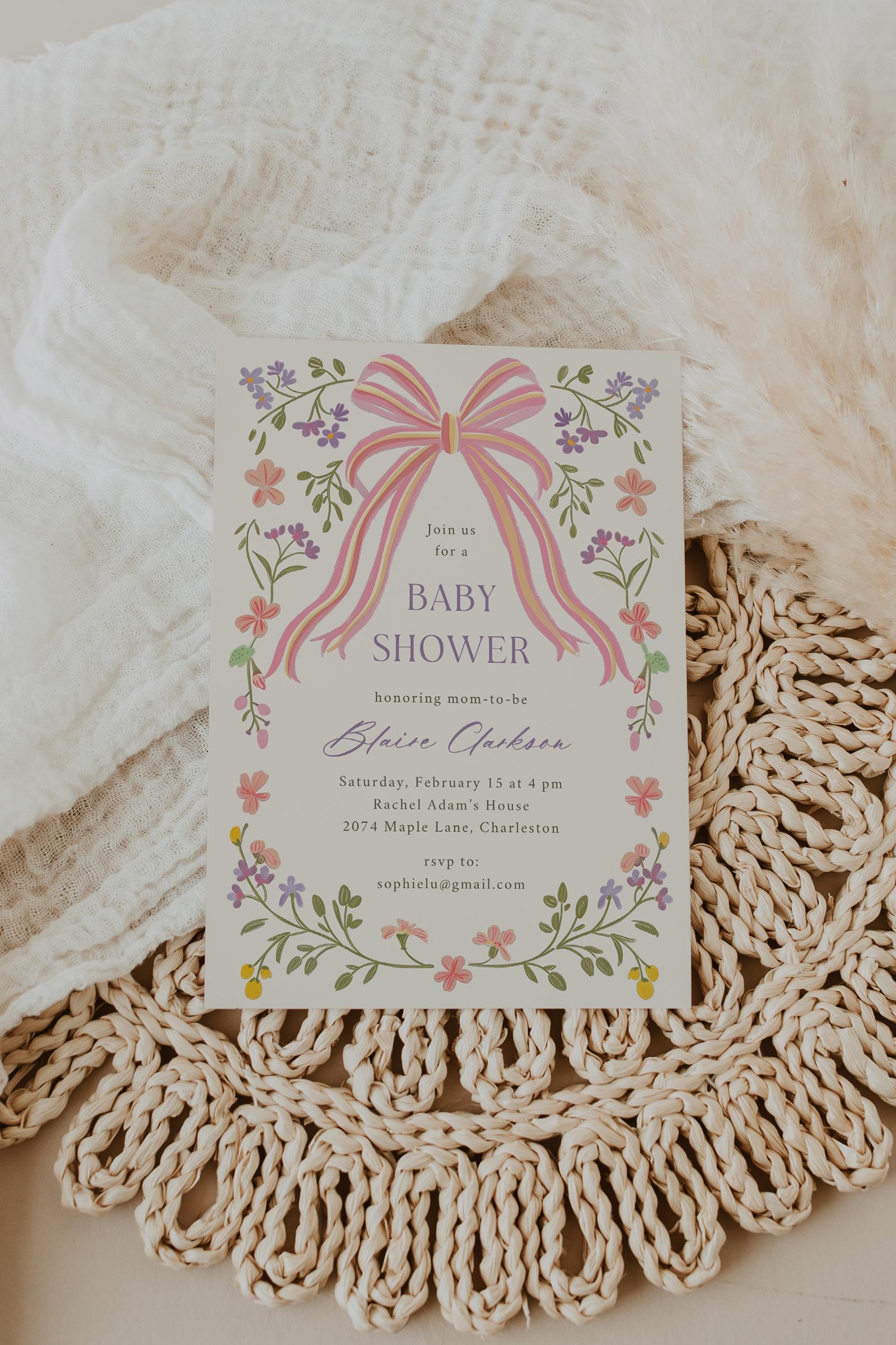 Floral Baby Shower Invitation Template, Pink Bow Editable Design ...