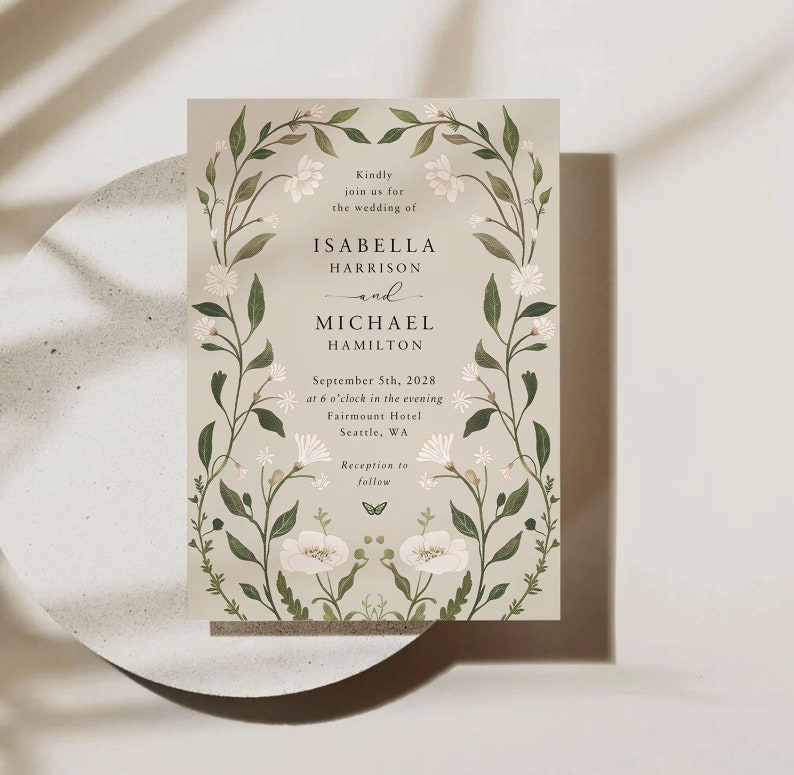 Wildflower Wedding Invitation Template, Printable Wedding Invitation, Greenery Invitation, White and Green Invitation, ISABELLA image 3