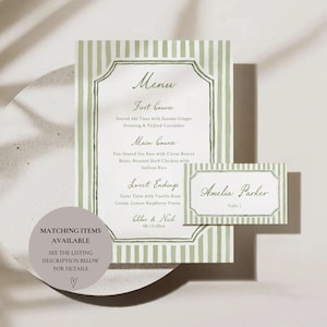 May include: A wedding menu and place card set with a green and white striped design. The menu lists the courses: First Course, Main Course, and Sweet Endings. The place card reads "Amelia Parker". The text "Matching Items Available" is also visible.