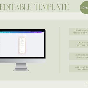 May include: A computer monitor displays a DIY editable template. The screen shows a menu design with a decorative border. Text on the right side highlights features like no software download, unlimited downloads, and the ability to edit text, fonts, and colors.