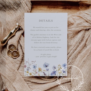 Carte d'informations sur le mariage, fleurs sauvages bleues, informations sur le mariage, modèle modifiable, motif floral, carte pour pièce jointe, insertion de détails, carte d'hébergement BELLA