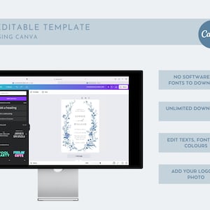 May include: A computer screen displaying a Canva design template for a wedding invitation. The template features a blue floral wreath with the text "Sophie and William". The screen also shows the Canva interface with tools for editing text, fonts, and colors.