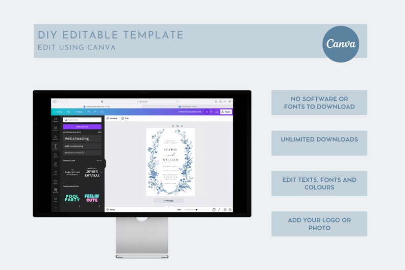May include: A computer screen displaying a Canva design template for a wedding invitation. The template features a blue floral wreath with the text "Sophie and William". The screen also shows the Canva interface with tools for editing text, fonts, and colors.