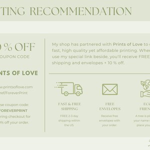 May include: A light green informational graphic with the text "PRINTING RECOMMENDATION" at the top. The graphic includes details about a partnership with Prints of Love, offering fast, high-quality printing and a 10% discount with the coupon code FOREVERPRINT.