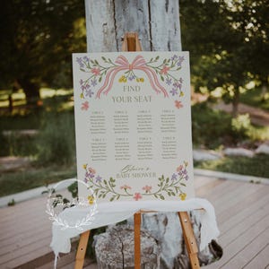 Bloemen strik babyshower zitplaatsen grafiek, afdrukbare babyshower tafelplan, doucheplan, tuindouche, zitplaatsen bloemen douche bord B25