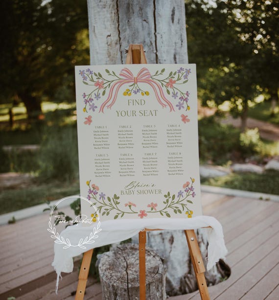 Floral Bow Baby Shower Seating Chart, Printable Baby Shower Table Plan, Shower Plan, Garden Shower, Seating Floral Shower Sign LILA