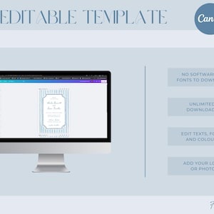 May include: A computer monitor displays a DIY editable template for a Canva design. The screen shows a blue and white striped invitation. Text on the image includes "No software or fonts to download" and "Unlimited downloads."