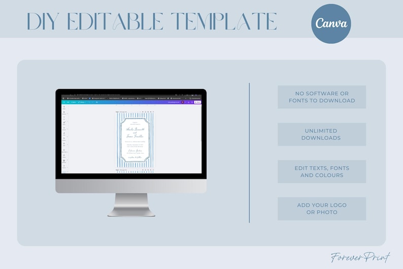 May include: A computer monitor displays a DIY editable template for a Canva design. The screen shows a blue and white striped invitation. Text on the image includes "No software or fonts to download" and "Unlimited downloads."