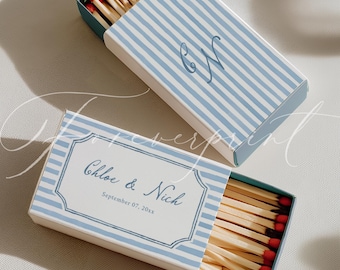 Modello modificabile per scatola di fiammiferi da matrimonio, bomboniera perfetta, etichetta personalizzata per scatola di fiammiferi, design a righe blu, modello Canva stampabile 022