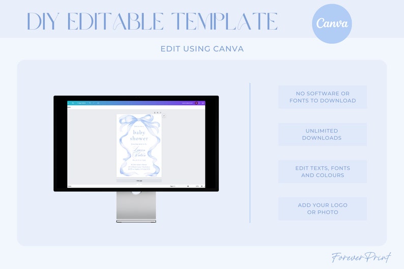 May include: A blue and white baby shower invitation template with a blue ribbon bow and the text "baby shower". The template is editable using Canva and includes unlimited downloads, the ability to edit text, fonts, and colors, and the option to add a logo or photo.
