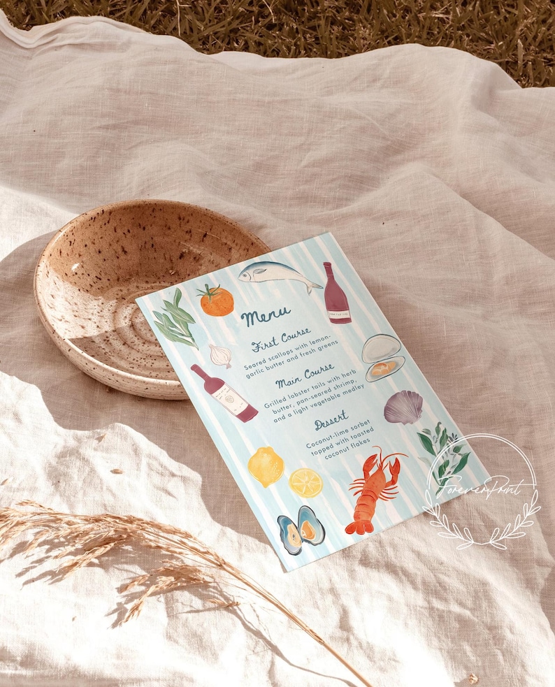 Menu First Course Layout Seafood Menu Template, Hand Drawn, Coastal Dinner Menu, Editable ...