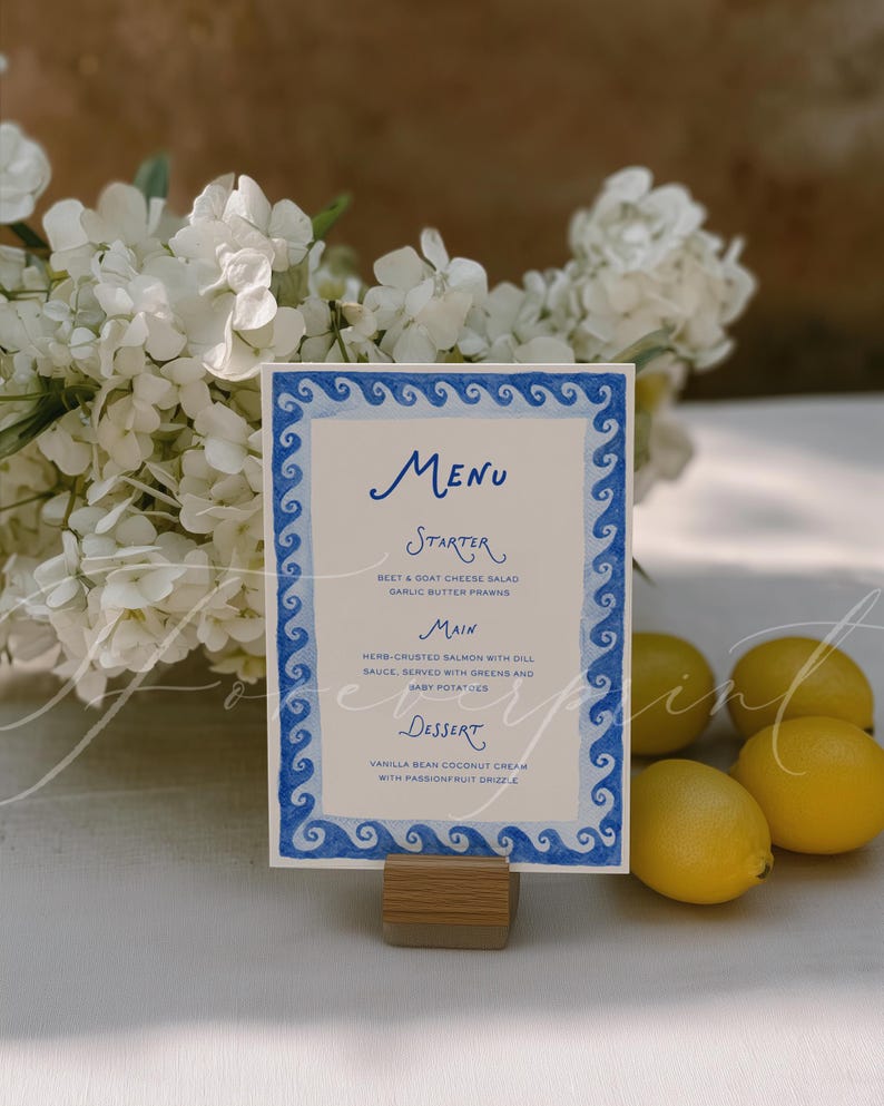 Blue Coastal Wedding Menu Template, Printable Menu Card, Mediterranean ...