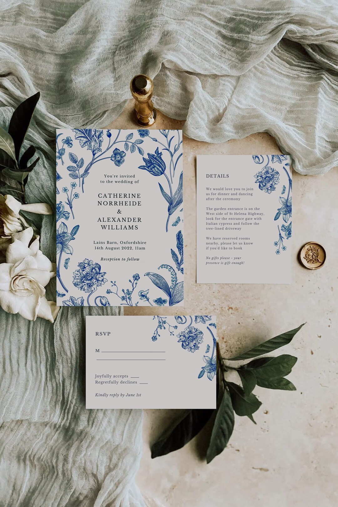 Vintage Floral Wedding Set, Dusty Blue Invitation Template, Printable ...