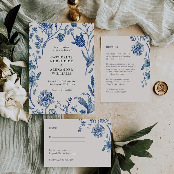 Vintage Floral Wedding Set, Dusty Blue Invitation Template, Printable Invitation Set, Instant Download, Botanical Wedding Invite BK2