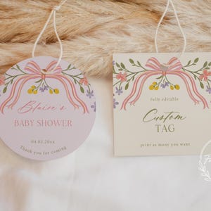 Floral Bow Favor Tag, modernes rundes Favor Tag, Kreis Favor Tag, Babyparty Kreis Tag, Baby Rundes Tag, Download, Vorlage, bearbeitbar, B25