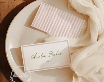 Pink Watercolor Border Place Cards, Dusty Rose Striped Back, Elegant Script Name Cards, Editable Canva Template, Wedding Seating Cards N25