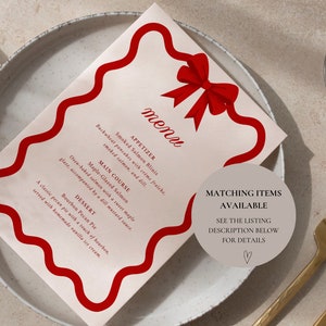 Christmas Menu Place Cards Template, Curvy Waves Menu, Printable Christmas Menu, Editable Template, Table Cards, Name Cards, Bow, CC2 image 5