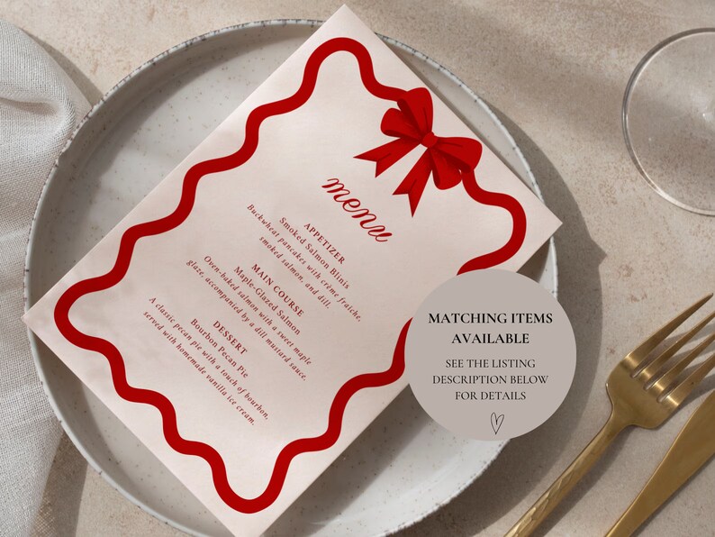 Christmas Menu Place Cards Template, Curvy Waves Menu, Printable Christmas Menu, Editable Template, Table Cards, Name Cards, Bow, CC2 image 5