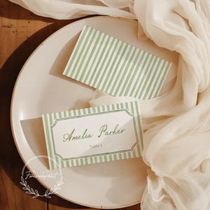 Elegante Grün Gestreifte Tischkarten Vorlage, Wasserfarben Tischkarten, Gartenhochzeit, Tischdekoration, Klassische Hochzeit 021