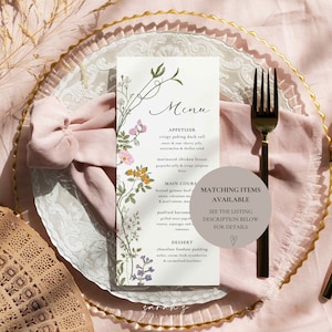 May include: A wedding menu card with a floral design. The menu includes appetizers, main courses, and dessert. The card also includes a note about matching items available. The text on the card reads: "Menu, Appetizer, Crispy Peking Duck Roll, Sweet & Sour Cherry Jelly, Watermelon & Shallot Salad, Marinated Chicken Breast,  Main Course, Braised Guinness Beef, Panfried Barramundi, Dessert, Chocolate Fondant Pudding, Matching Items Available, See the Listing Description Below for Details."