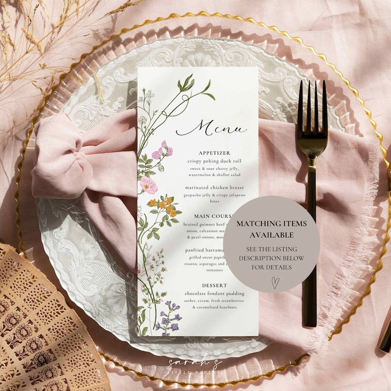 May include: A wedding menu card with a floral design. The menu includes appetizers, main courses, and dessert. The card also includes a note about matching items available. The text on the card reads: "Menu, Appetizer, Crispy Peking Duck Roll, Sweet & Sour Cherry Jelly, Watermelon & Shallot Salad, Marinated Chicken Breast,  Main Course, Braised Guinness Beef, Panfried Barramundi, Dessert, Chocolate Fondant Pudding, Matching Items Available, See the Listing Description Below for Details."