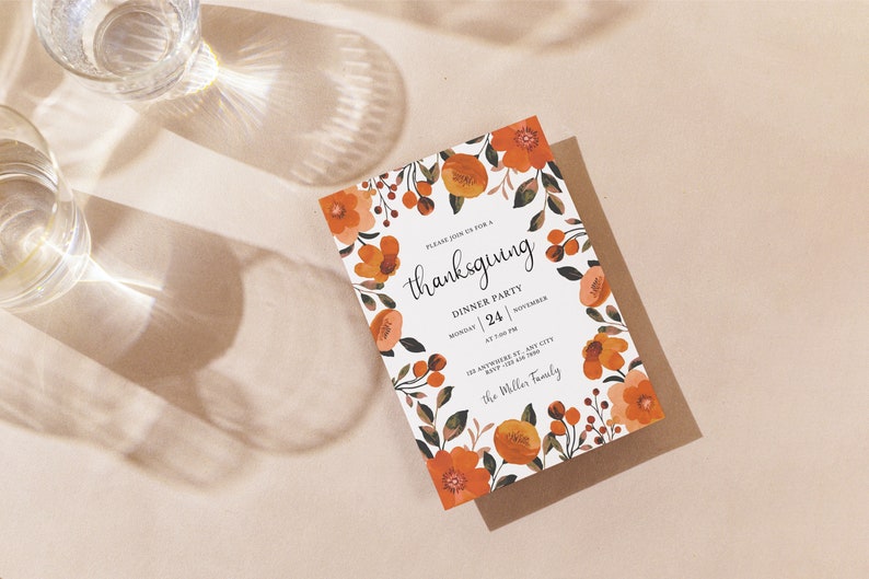 Thanksgiving Invitation, Thanksgiving Dinner Invitation, Floral Party Invitation, Printable Thanksgiving Invite, Instant Download, Botanic image 3