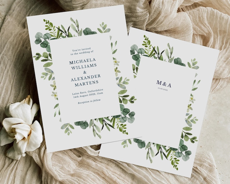 Greenery WEDDING INVITATION SET Template Download, Eucalyptus wedding invitation suite template, Modern wedding Invitation bundle leaves image 5