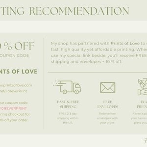 May include: A light beige graphic with the text "PRINTING RECOMMENDATION" at the top. The graphic includes information about a printing service, including a 10% off coupon code and details about fast, free shipping and eco-friendly practices.
