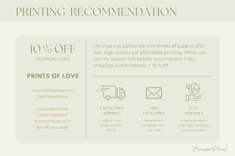 May include: A light beige graphic with the text "PRINTING RECOMMENDATION" at the top. The graphic includes information about a printing service, including a 10% off coupon code and details about fast, free shipping and eco-friendly practices.