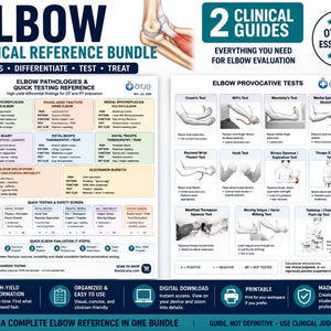 May include: A clinical reference bundle for elbow evaluation featuring two educational guides. The charts include text detailing elbow pathologies, quick testing references, and provocative tests with anatomical illustrations and clinical instructions.