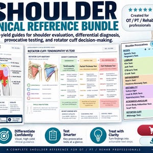 May include: A shoulder clinical reference bundle featuring multiple educational charts and guides for medical professionals. The documents include diagrams of shoulder anatomy, pathology references, rotator cuff tear comparisons, and lists of provocative tests.