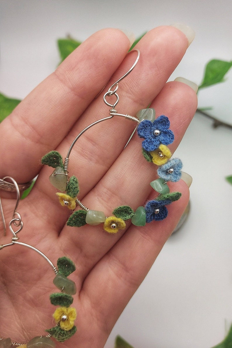 Sterling Silver Blue Crochet Flower Earrings, Micro Crochet Earrings