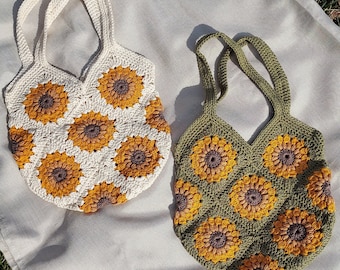 Crochet sac de marché de tournesol, sac d’été au crochet, sac carré grand-mère, sac de marché Boho, sac à main d’été fait à la main, sac de tournesol