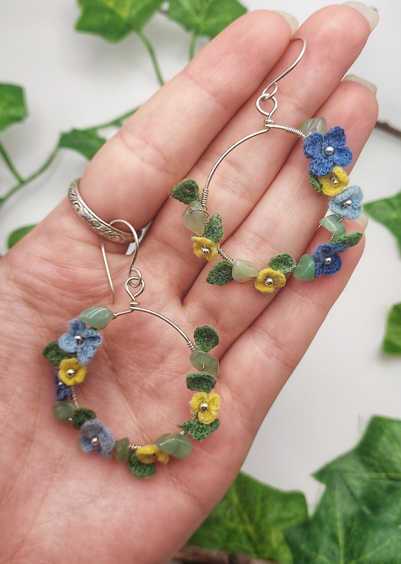 Sterling Silver Blue Crochet Flower Earrings, Micro Crochet Earrings