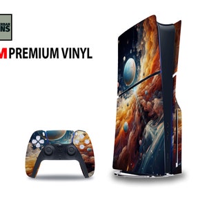 May include: A gaming console and controller skin set featuring a vibrant space-themed design. The console and controller are covered in a colorful nebula pattern with planets and celestial elements. The text "3M Premium Vinyl" is visible.