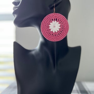 Pink boho crochet hoop flower earrings