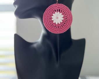 Pink boho crochet hoop flower earrings