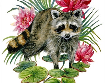 Wasbeer en waterlelies - Carolinas Nature Giclée Print van aquarel schilderij