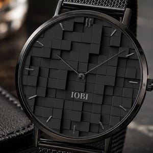 Black Geometric Watch | Stainless Steel Cube Pattern Wristwatch | Minimalist Modern Design