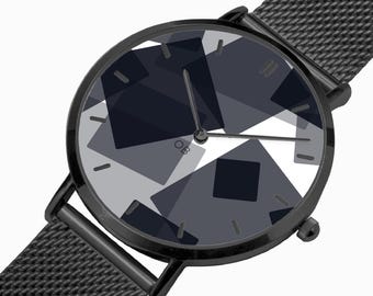 Fashion Ultra-Thin Stainless Steel Quartz Watch with Tumbling Black Block Design