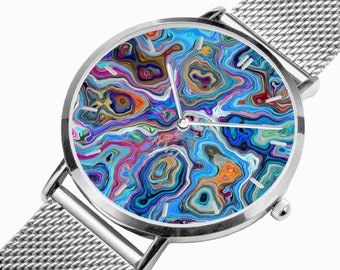 Fashion Ultra-Thin Stainless Steel Quartz Watch with Colorful Marble Gem Design