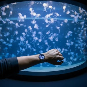 May include: A person's arm with a wristwatch is positioned in front of a large cylindrical aquarium filled with jellyfish. The jellyfish are white and translucent, floating in blue water. The watch has a silver band and a dark face.
