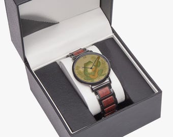 Frosch Gitarren-Holzuhr - Unisex Öko-Bambusquarzuhr mit Kupfergehäuse und Geschenkbox