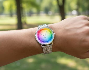 Instafamous Steel Strap Quartz Watch - Rainbow Halo Watercolor Design