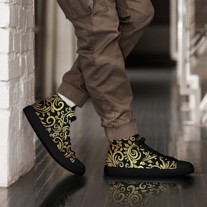 Mens Shoes Fashionable Sneakers Black Gold Ornamental Canvas High Tops Luxury Stylish Asian Royal Flourish Steampunk Classy Art Deco Outfit Etsy