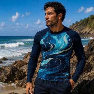 May include: A long-sleeve rash guard featuring a dark navy blue color on the sleeves and back, with a front panel displaying a swirling abstract pattern of deep blue, light blue, and white tones that resemble ocean waves and water currents.