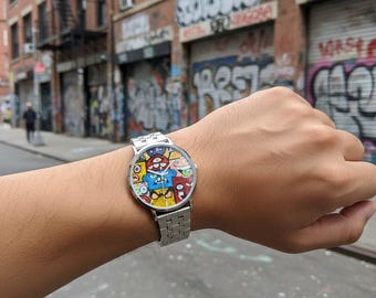 Graffiti Monster Faces Watch – Stainless Steel Street Art Timepiece