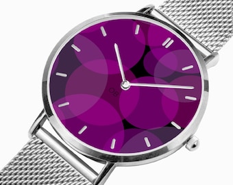 Fashion Ultra-Thin Stainless Steel Quartz Watch with Happy Purple Bubble Design
